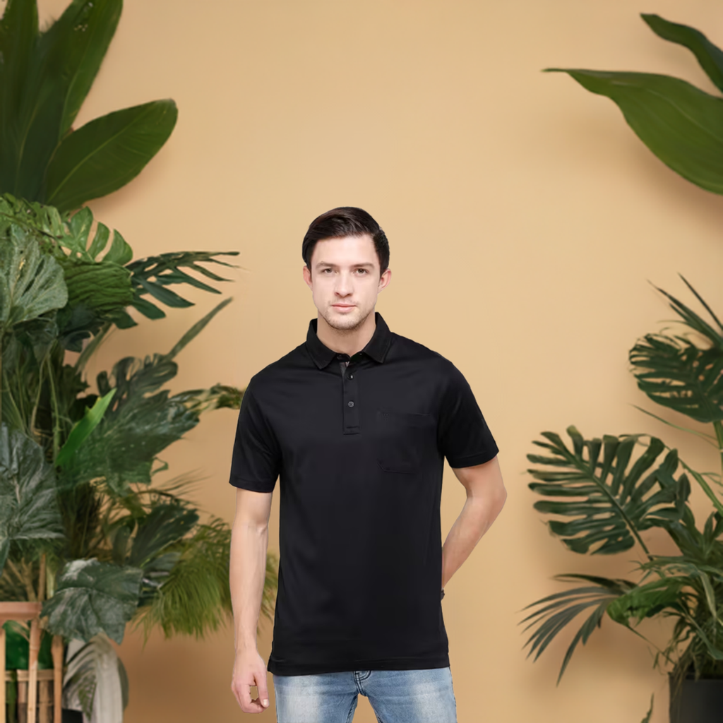 Men Cotton solid polo neck t-shirt (Size-M) (Color-BLACK)